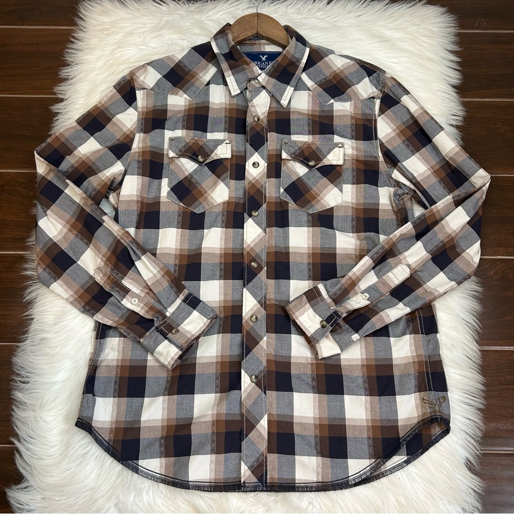 American Eagle Shirt Mens L Western Pearl Snap Brown VTG FIT Ranchero Cowboy